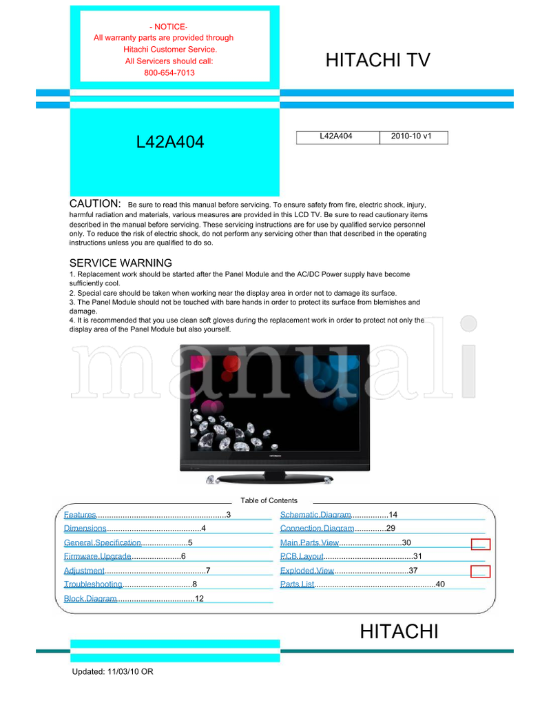 Hitachi 800-654-7013 L42A404 (72 pages) TV Service Manual