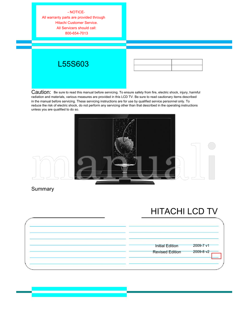 Hitachi L55S603 1080p60 (78 pages) TV Service Manual