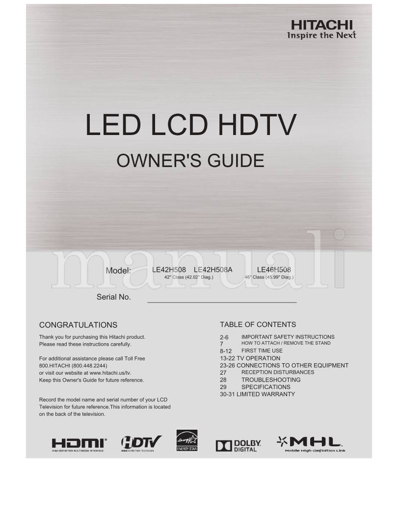 Hitachi LE42H508 LE42H508A LE46H508 (33 pages) TV Operating Manual