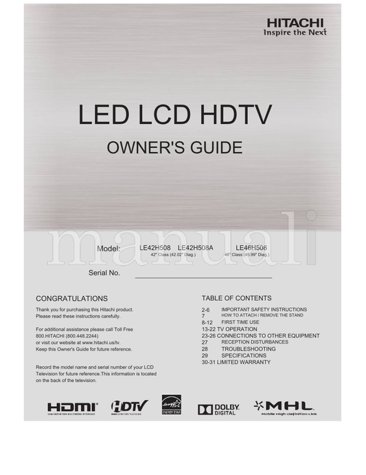 Hitachi LE42H508 LE42H508A LE46H508 (33 pages) TV Operating Manual