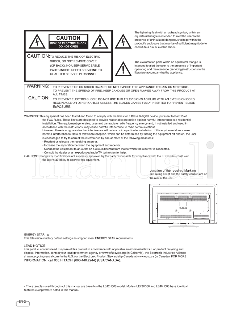 Hitachi LE42H508 LE42H508A LE46H508 (33 pages) TV Operating Manual