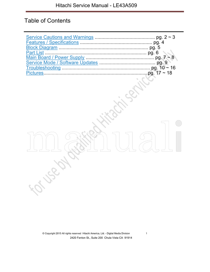 Hitachi LE43A509 (20 pages) TV Service Manual