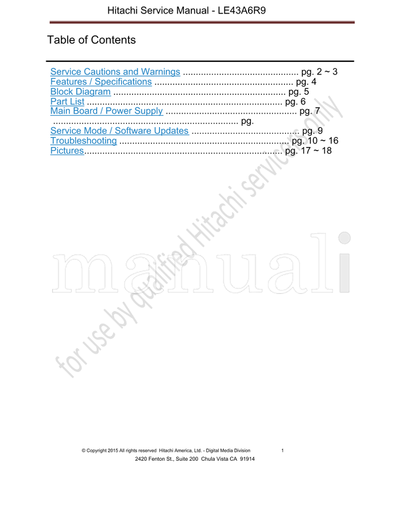 Hitachi LE43A6R9 (20 pages) TV Service Manual