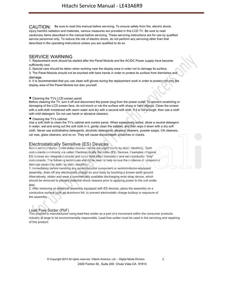 Hitachi LE43A6R9 (20 pages) TV Service Manual