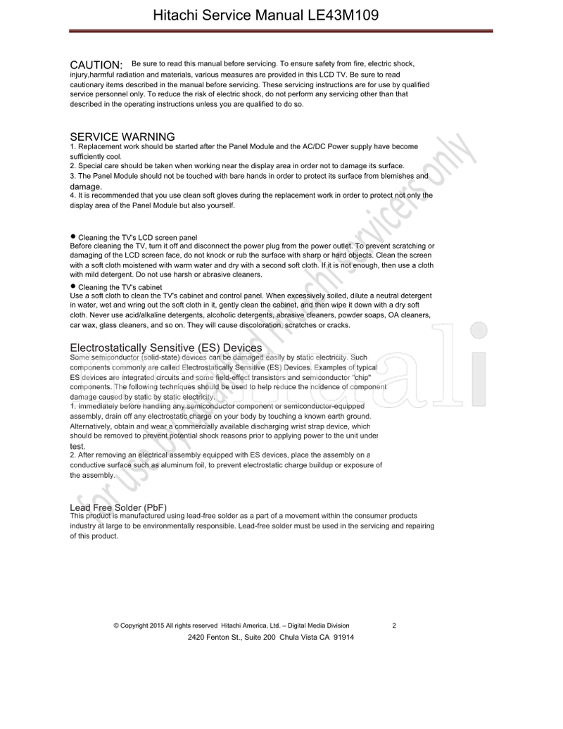 Hitachi LE43M109 (27 pages) TV Service Manual