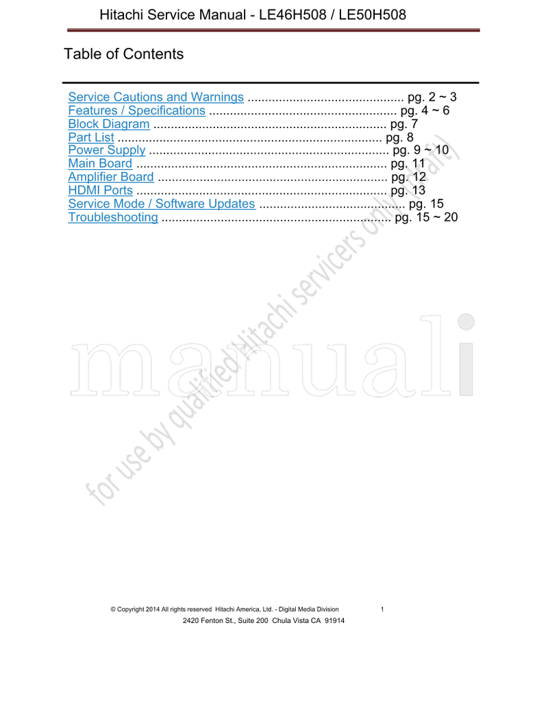 Hitachi LE46H508 LE50H508 (22 pages) TV Service Manual