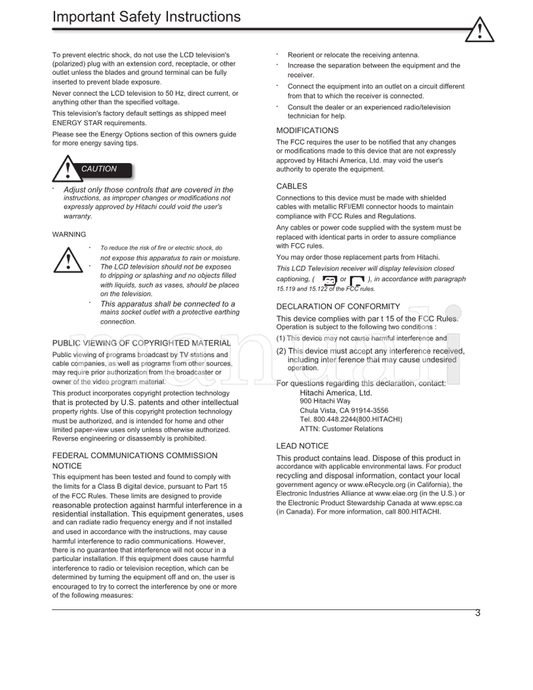 Hitachi LE46S605 (64 pages) TV Operating Manual