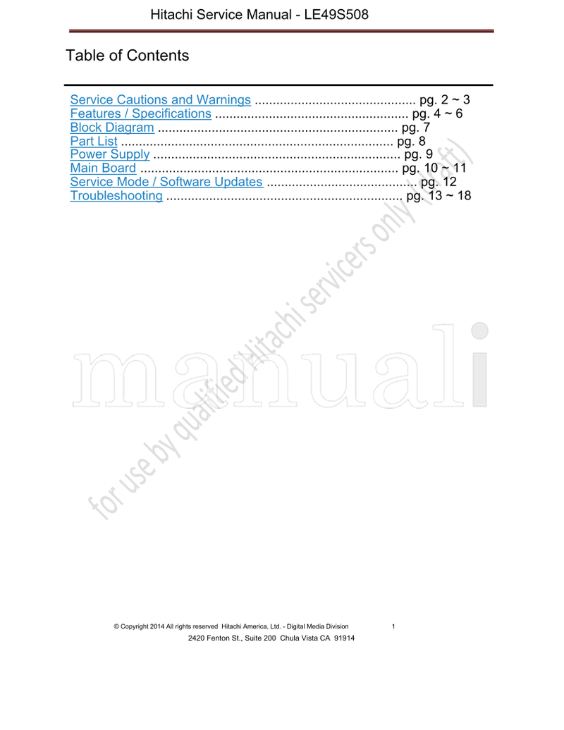 Hitachi LE49S508 (20 pages) TV Service Manual