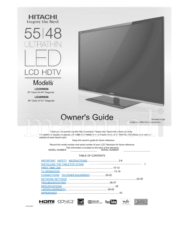 Hitachi LE55W806 LE48W806 ES-G122201 (43 pages) TV Operating Manual