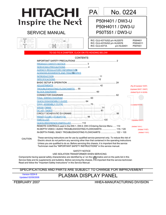 Hitachi P50H401 P50H4011 P50T551 (145 pages) TV Service Manual