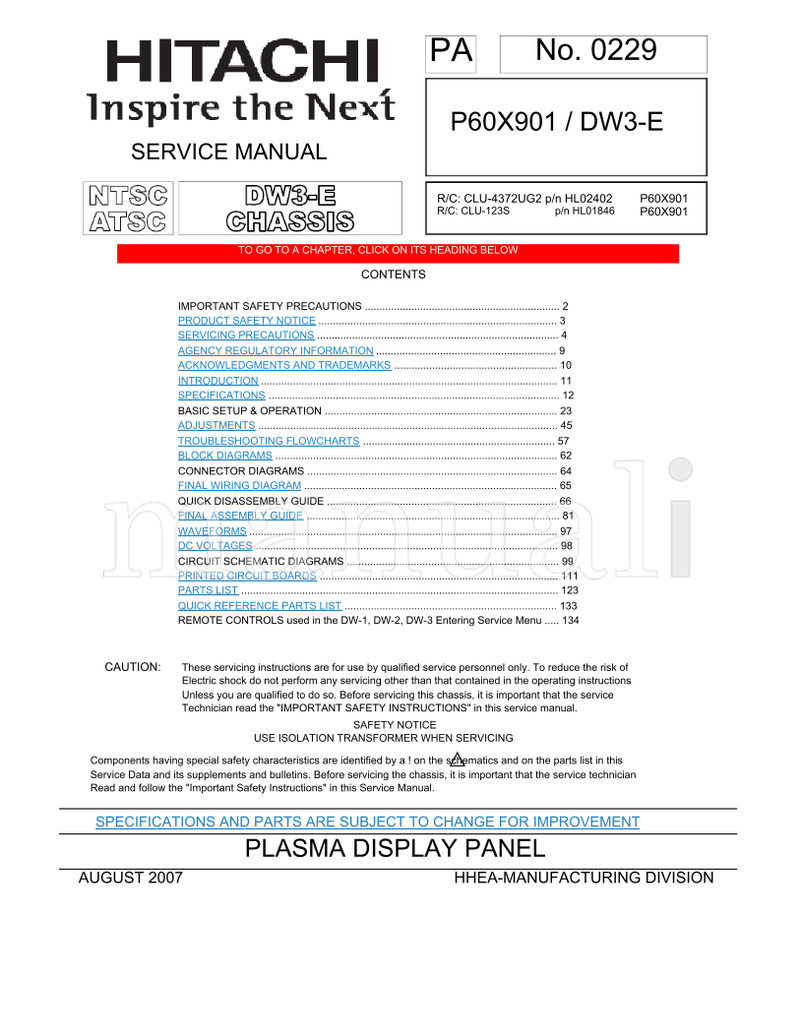 Hitachi SM00001 P60X901 (143 pages) TV Service Manual