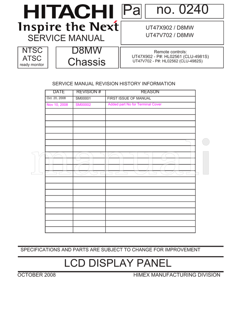 Hitachi SM00001 SM00002 UT47X902 UT47V702 (96 pages) TV Service Manual