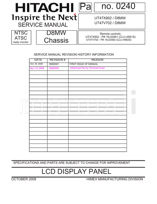 Hitachi SM00001 SM00002 UT47X902 UT47V702 (96 pages) TV Service Manual