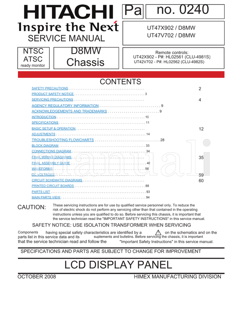 Hitachi SM00001 SM00002 UT47X902 UT47V702 (96 pages) TV Service Manual