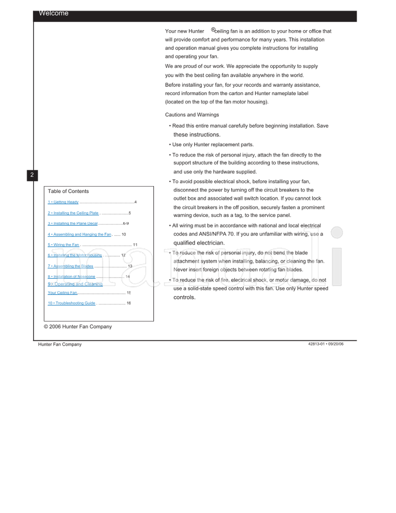 Hunter 24852 (17 pages) Ceiling Fan Operating Manual