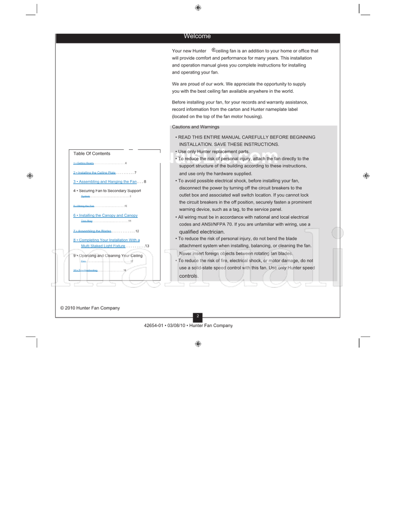 Hunter 42654-01 (16 pages) Ceiling Fan Operating Manual