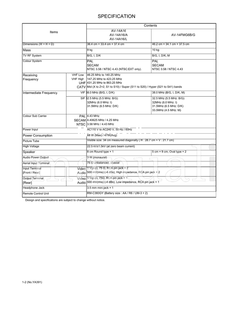 JVC YA391 AV-14A16 AV-14FMG6B (99 pages) TV Service Manual