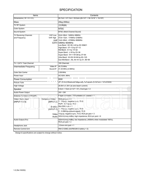 JVC YA052 AV-20F475 AV-N21F45 (27 pages) TV Service Manual