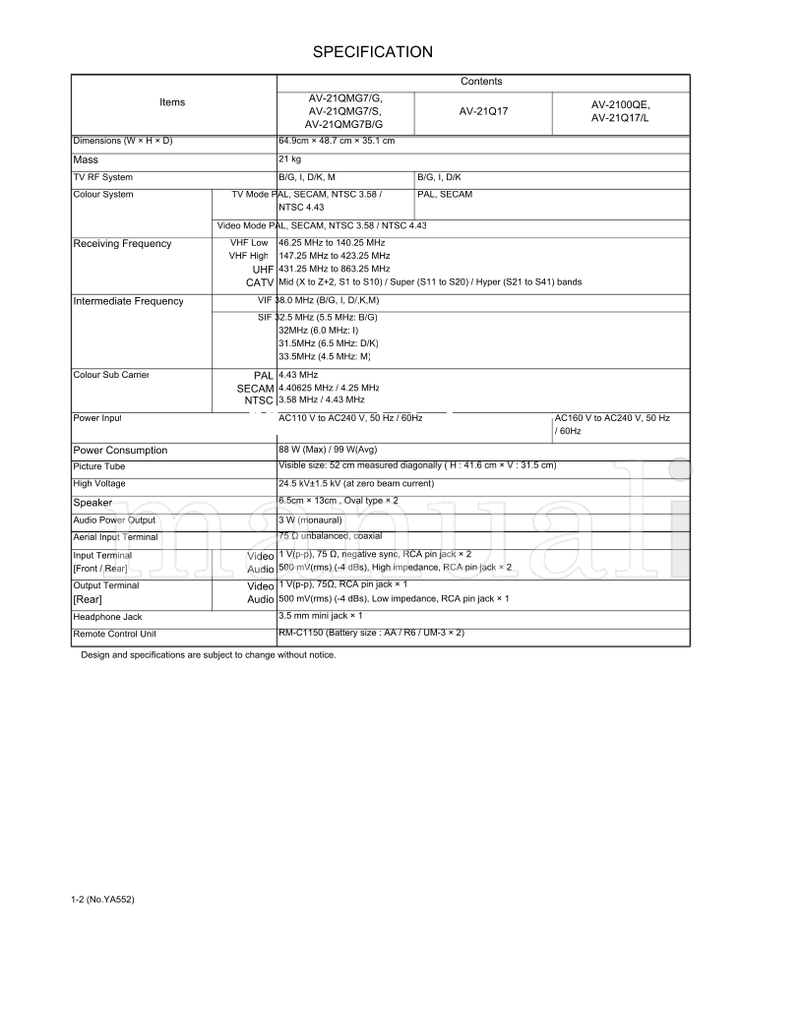 JVC YA552 AV-2100QE AV-21Q17 AV-21QMG7 AV-21QMG7B (67 pages) TV Service Manual