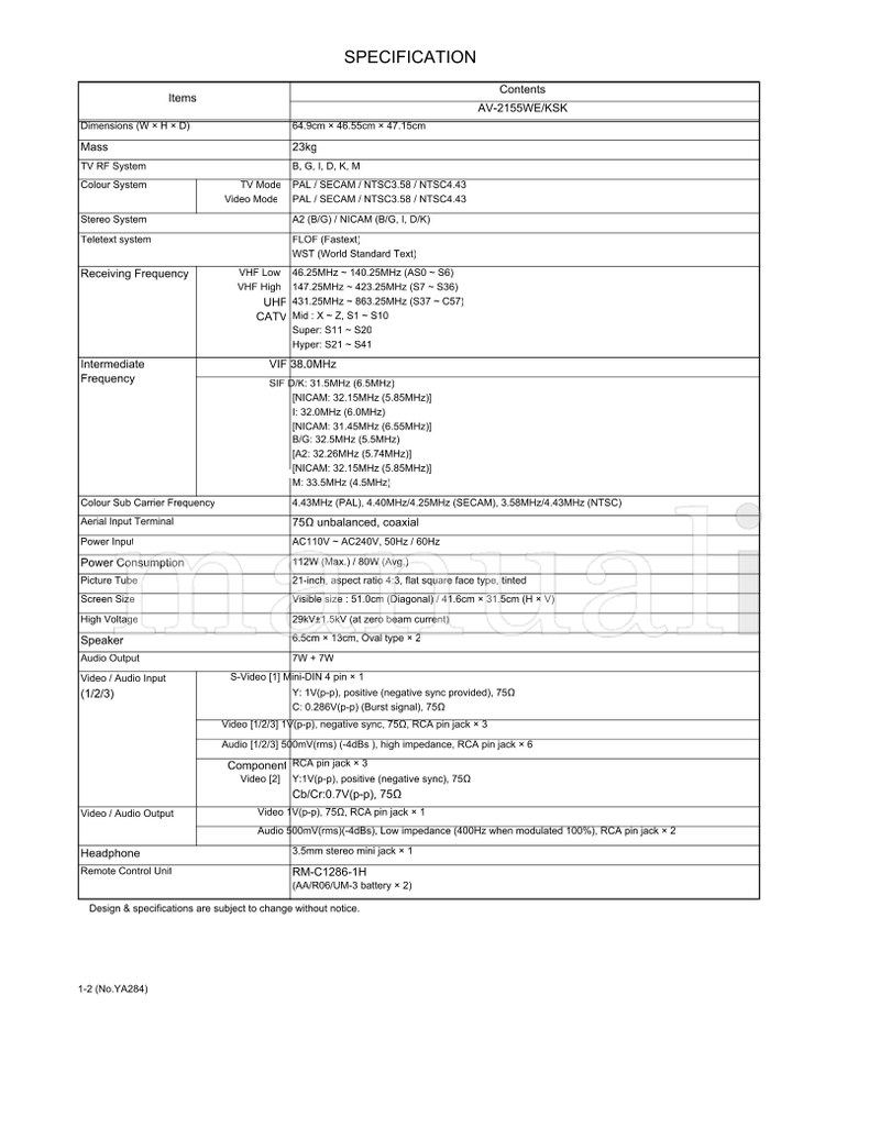 JVC YA284 AV-2155WE RM-C1286 (72 pages) TV Service Manual
