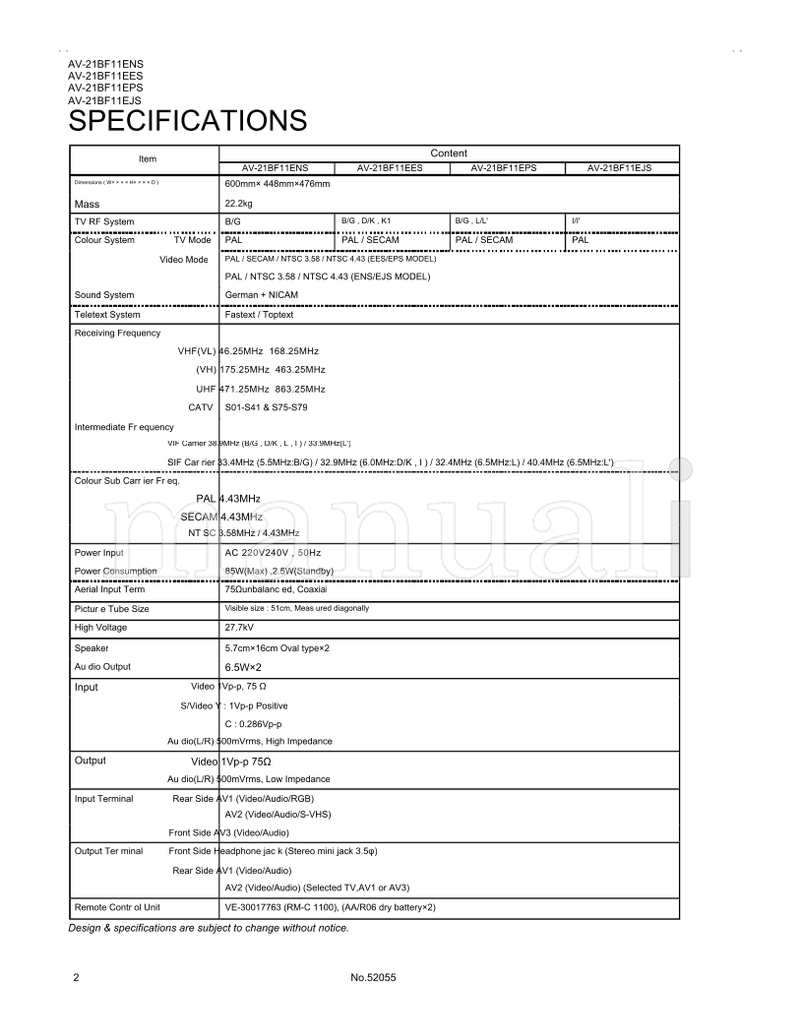 JVC AV-21BF11ENS AV-21BF11EES AV-21BF11EPS AV-21BF11EJS 52055 (20 pages) TV Service Manual