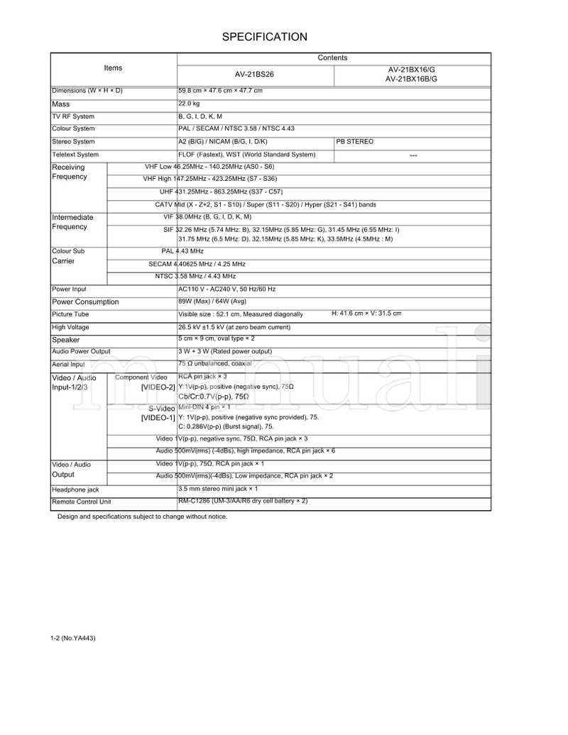 JVC YA443 AV-21BS26 AV-21BX16 AV-21BX16B (54 pages) TV Service Manual