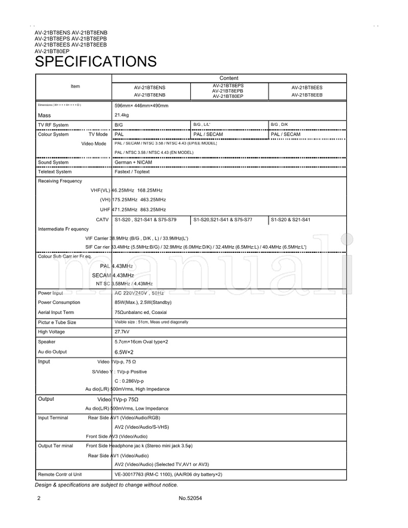 JVC AV-21BT8ENS AV-21BT8ENB AV-21BT8EPS AV-21BT8EPB AV-21BT8EES (46 pages) TV Service Manual