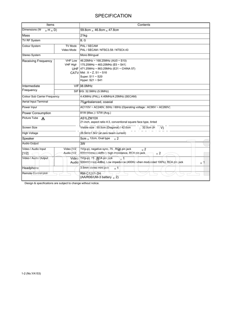 JVC YA153 AV-21D114 (29 pages) TV Service Manual