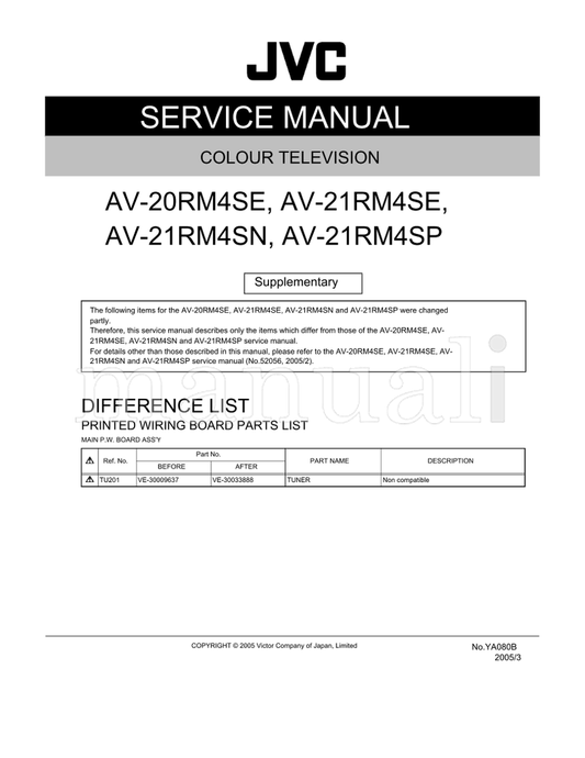 JVC YA080B AV-20RM4SE AV-21RM4SE AV-21RM4SN AV-21RM4SP 21RM4SE (50 pages) TV Service Manual