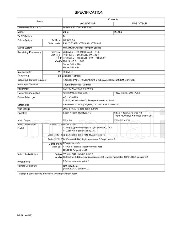JVC YA140 AV-21VT14 AV-21VT34 (82 pages) TV Service Manual