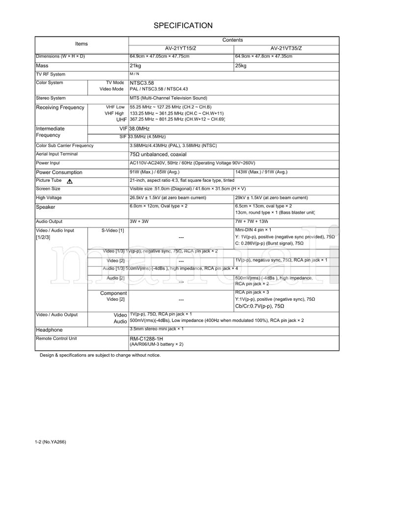 JVC YA266 AV-21YT15 AV-21VT35 (32 pages) TV Service Manual