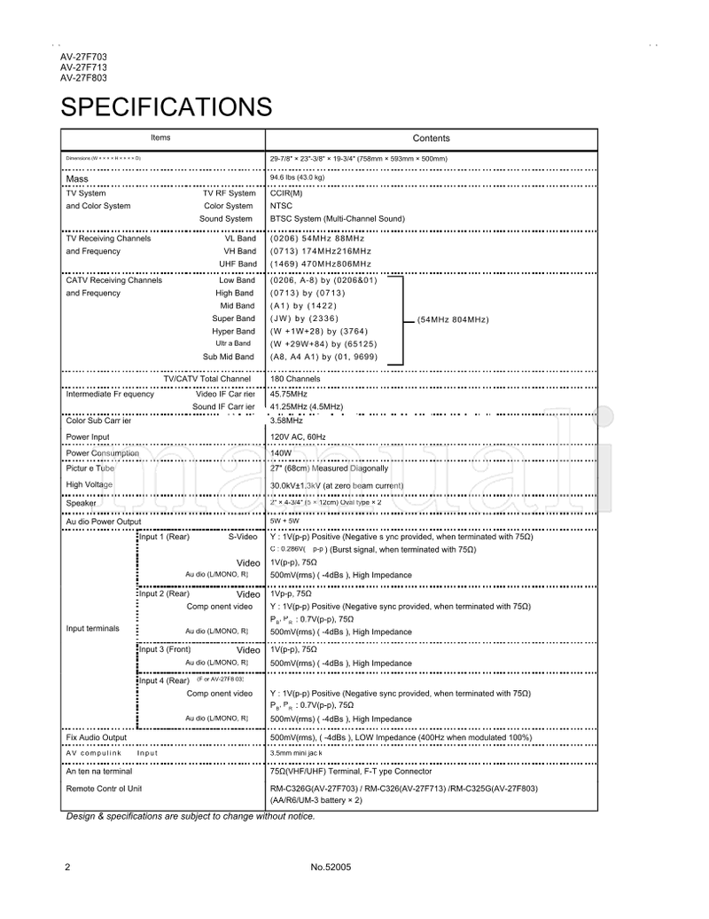 JVC RM-C326G AV-27F803 RM-C326 AV-27F703 AV-27F713 52005 (32 pages) TV Service Manual