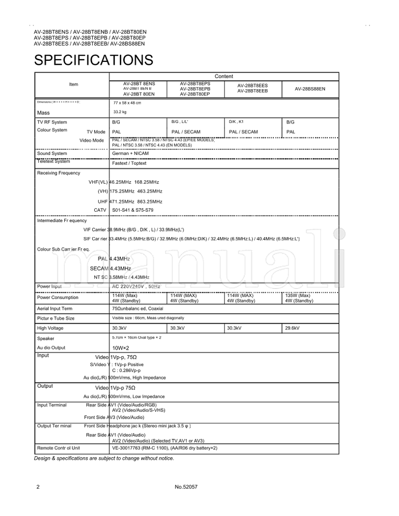 JVC AV-28BT8ENS AV-28BT8ENB AV-28BT80EN AV-28BT8EPS AV-28BT8EPB (58 pages) TV Service Manual