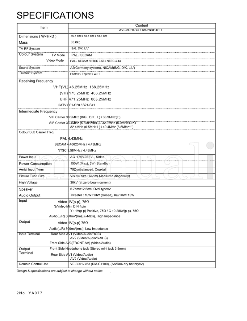 JVC AV-28RH4BU AV-28RH4SU YA077 (56 pages) TV Service Manual