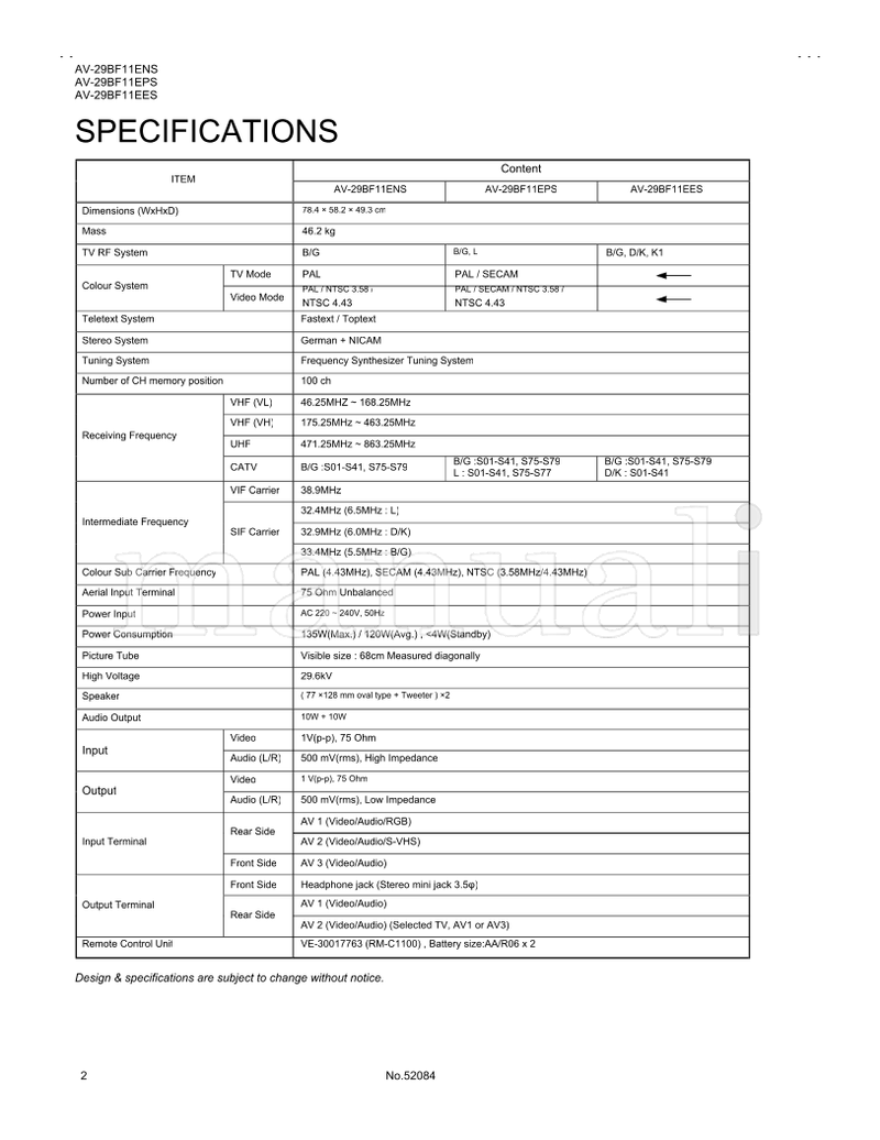 JVC AV-29BF11ENS AV-29BF11EPS AV-29BF11EES 52084 (54 pages) TV Service Manual