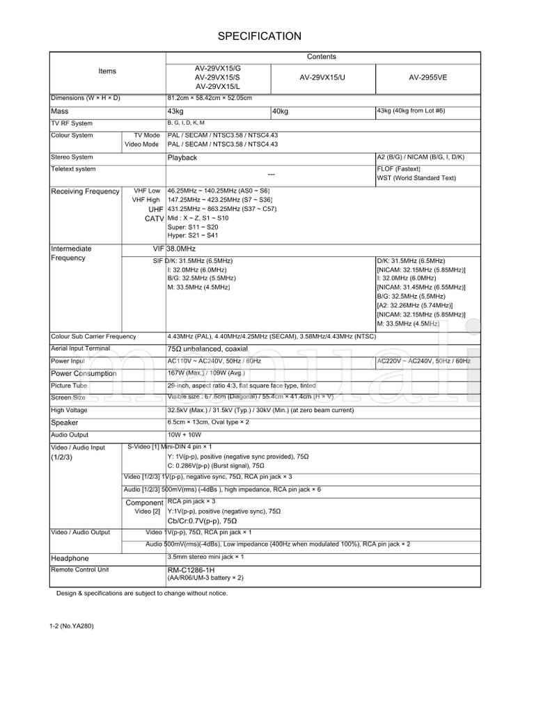 JVC YA280 AV-29VX15 AV-2955VE RM-C1286 (59 pages) TV Service Manual