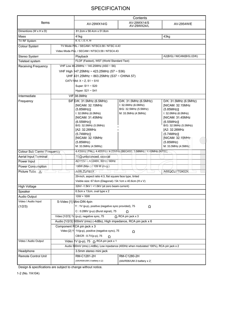 JVC AV-29WX14 AV-29WX24 AV-2954W YA104 (123 pages) TV Service Manual