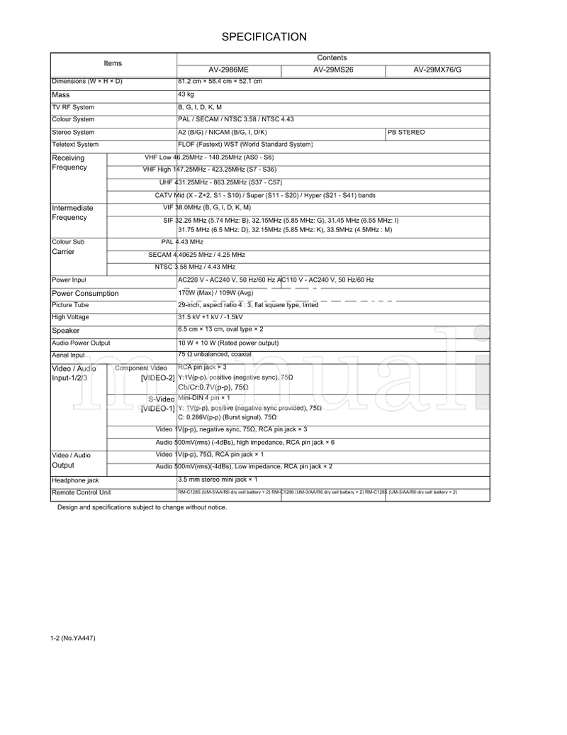 JVC YA447 AV-2986ME AV-29MS26 AV-29MX76 (118 pages) TV Service Manual