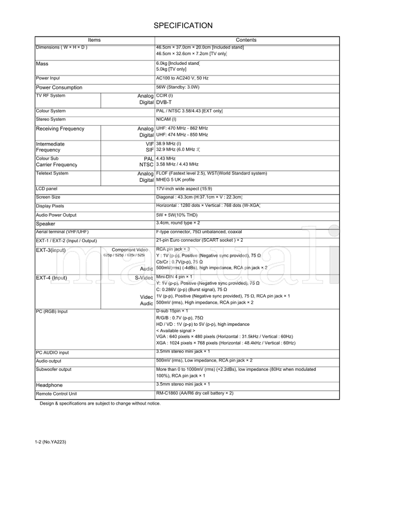 JVC YA223 LT-17D50BK (98 pages) TV Service Manual