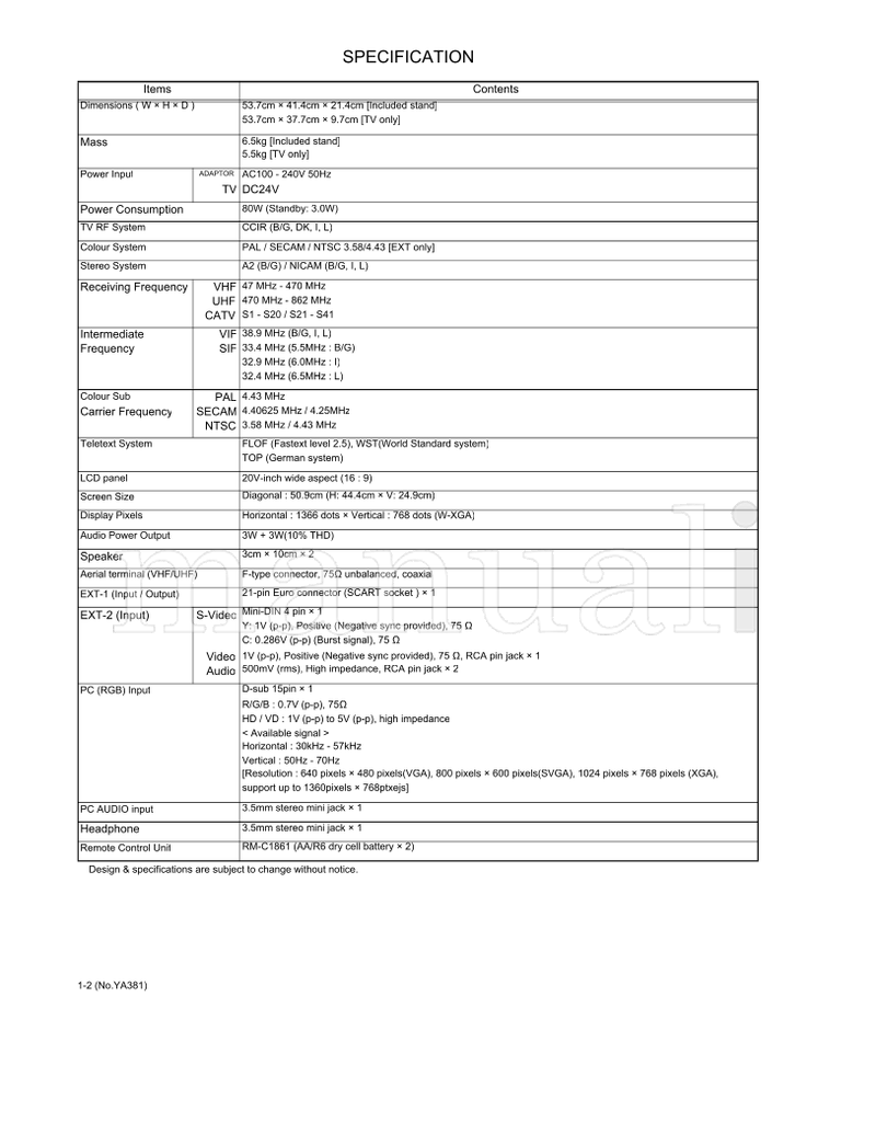 JVC YA381 LT-20A55SJ LT-20A55SU (76 pages) TV Service Manual