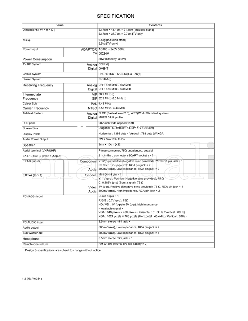 JVC YA354 RM-C1896 LT-20DA6SK (96 pages) TV Service Manual