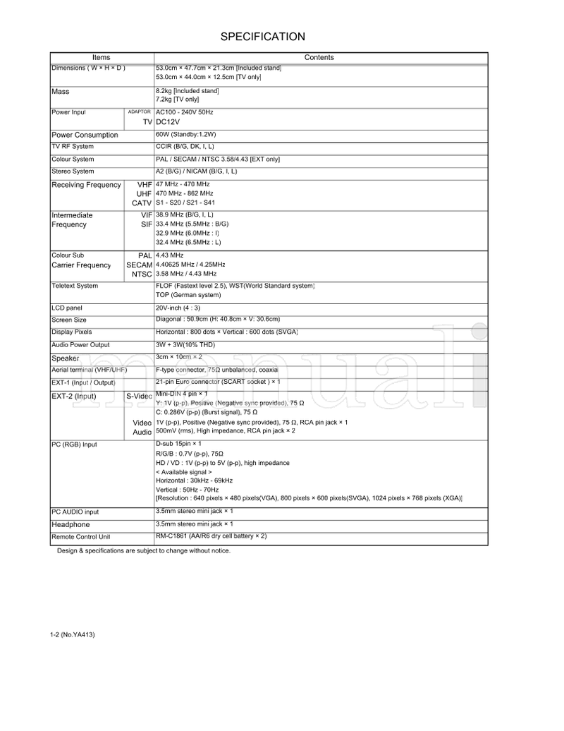 JVC YA413 LT-20J50SJ LT-20J50SU (75 pages) TV Service Manual
