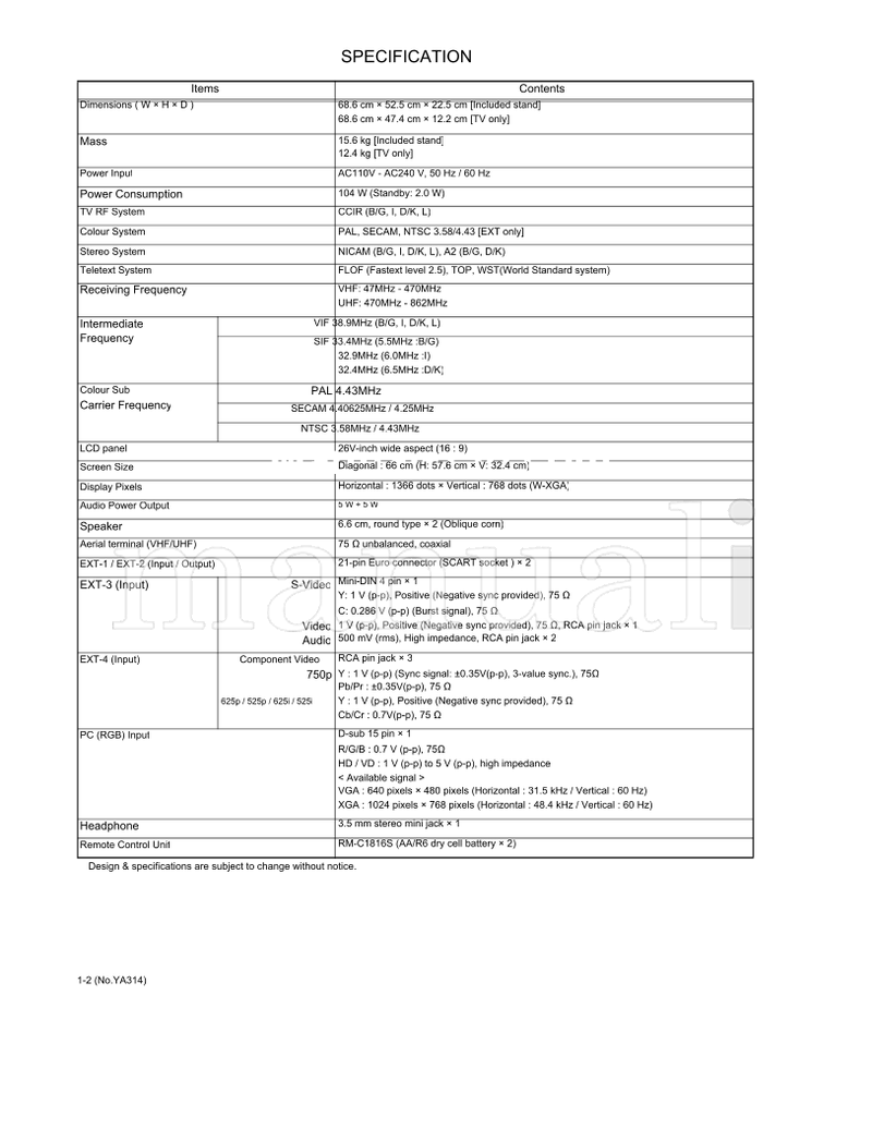 JVC YA314 LT-26A60BU LT-26A60SJ LT-26A60SU (20 pages) TV Service Manual