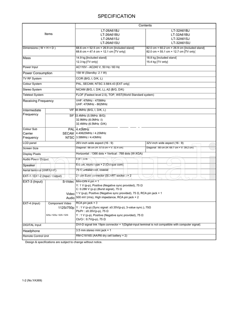 JVC YA369 LT-26A61BJ LT-26A61BU LT-26A61SJ LT-26A61SU LT-32A61BJ (20 pages) TV Service Manual