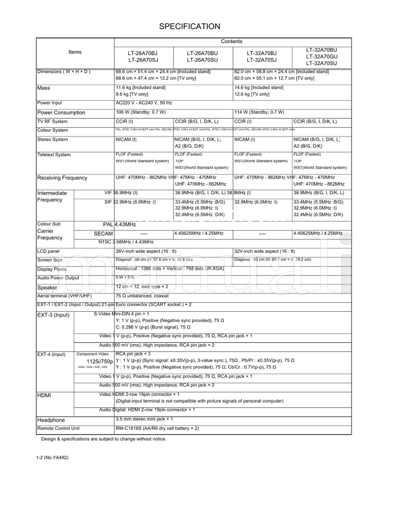 JVC YA492 LT-26A70BJ LT-26A70BU LT-26A70SJ LT-26A70SU LT-32A70BJ (56 pages) TV Service Manual