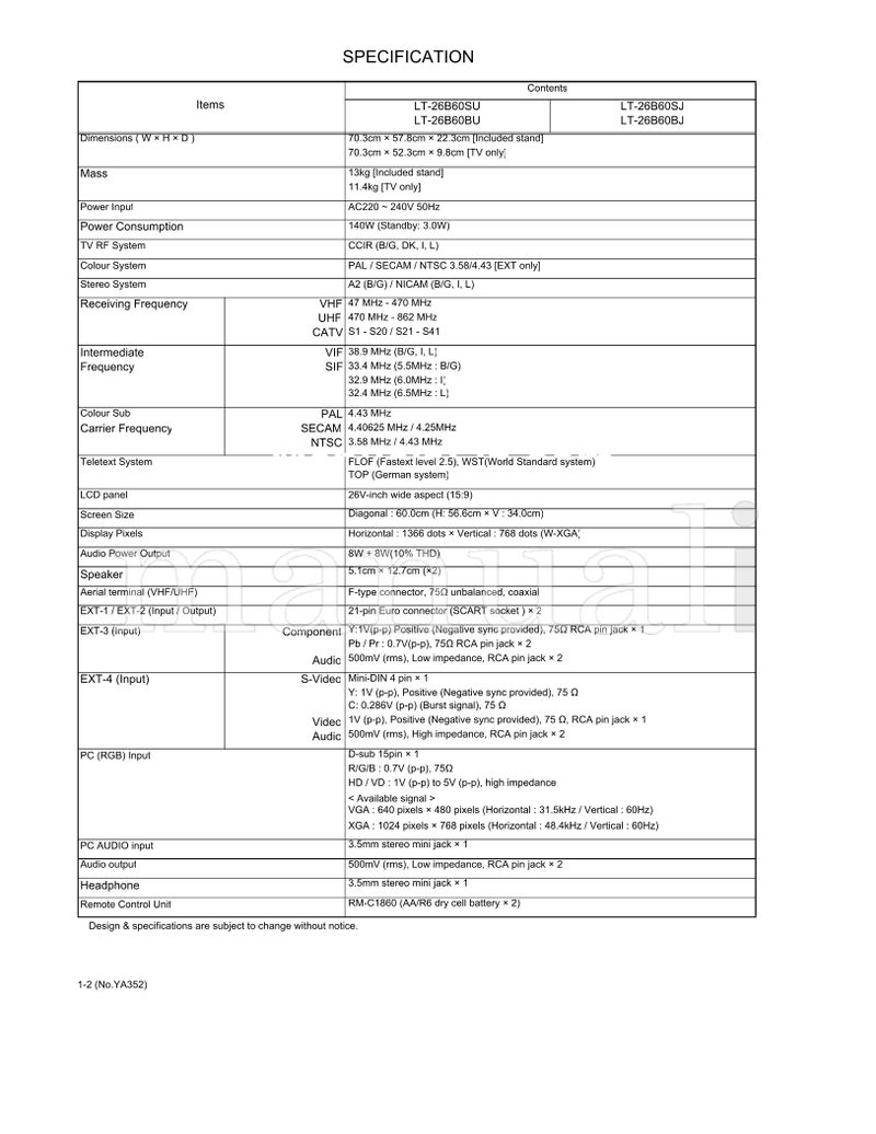 JVC YA352 LT-26B60BJ LT-26B60BU LT-26B60SJ LT-26B60SU RM-C1860 (81 pages) TV Service Manual