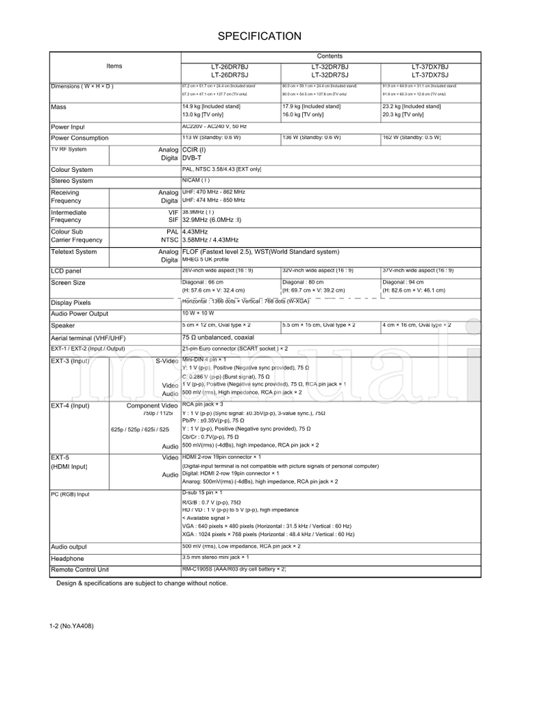 JVC YA408 LT-26DR7BJ LT-26DR7SJ LT-32DR7SJ LT-37DR7BJ LT-32DR7BJ (156 pages) TV Service Manual