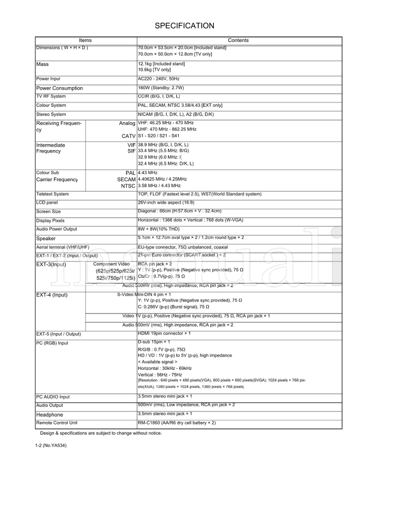 JVC YA534 LT-26F80BU (55 pages) TV Service Manual