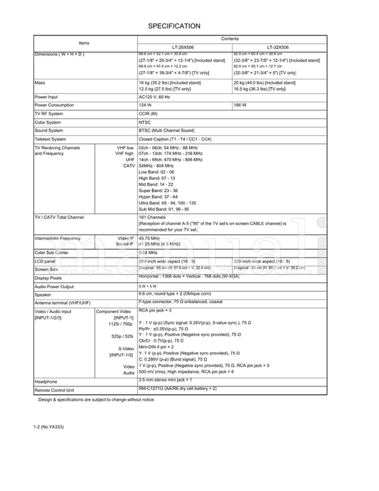 JVC YA333 LT-26X506 LT-32X506 (94 pages) TV Service Manual