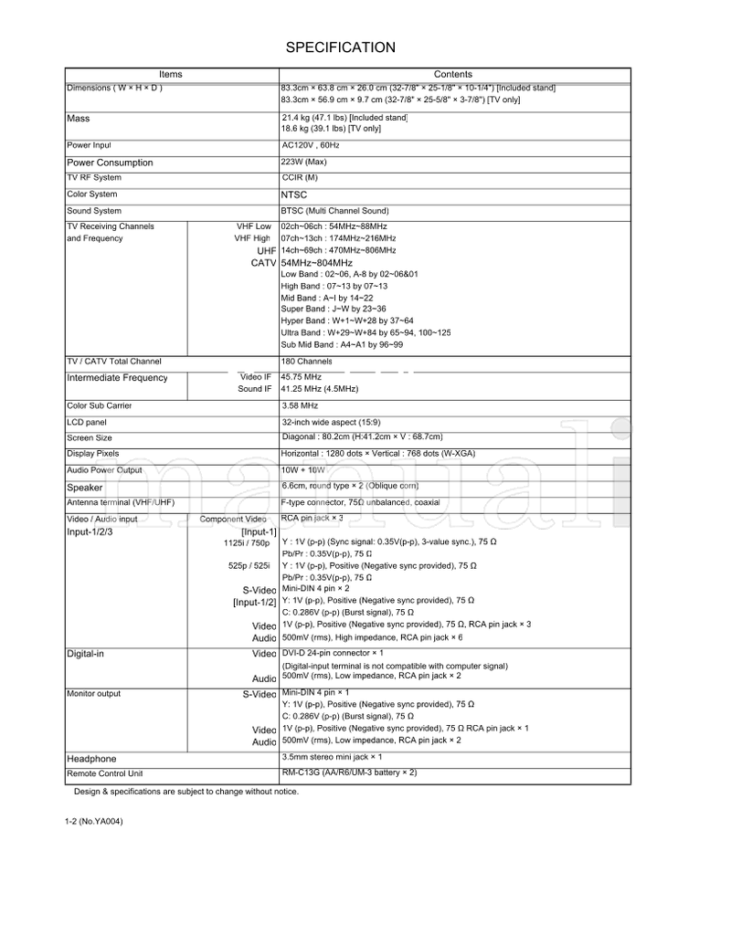 JVC YA004 LT-32WX84 RM-C13G (94 pages) TV Service Manual